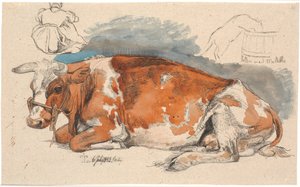 Vache couchée. En haut à gauche, une paysanne assise, à droite, un chat buvant du pissenlit - Johan Thomas Lundbye