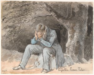 "Perfectum - Présent - Futur". Jeune homme assis sous un arbre sur une pierre avec les mains sur le visage - Johan Thomas Lundbye