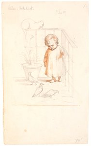 Scène sur un balcon. Petit garçon regardant des pigeons. Sur la balustrade en arrière-plan, un chat enroulé