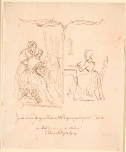 Deux dames lisant des lettres à gauche, une dame écrivant une lettre à droite