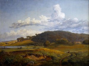 Vue de Vinderød vers Høbjerg près de Frederiksværk, avec la maison des parents de J. Th. Lundbye - Johan Thomas Lundbye
