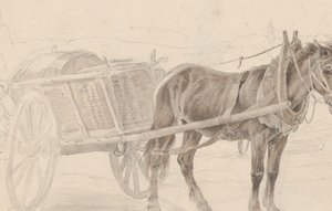 Chariot tiré par un cheval brun près d