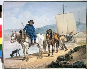 Un cheval et une charrette au bord de la rivière