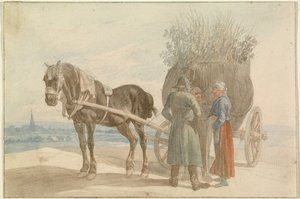 Paysans autrichiens avec un cheval et une charrette, avec une vue de Vienne au loin - Johann Adam Klein