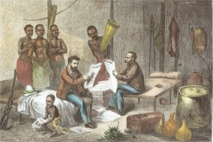 Dr. David Livingstone (1813-73) et M. Henry Morton Stanley (1841-1904) Recevant des Journaux en Afrique Centrale, gravé par Pearson (coloration ultérieure)