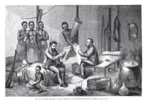 Dr. David Livingstone (1813-73) et M. Henry Morton Stanley (1841-1904) recevant des journaux en Afrique centrale, gravé par Pearson