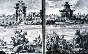 Quatre vues montrant un arc de triomphe chinois, une pagode à Sinkicien dans la province de Xantum, des montagnes et des grottes artificielles et un pont suspendu près de la ville de Kingtung, Chine, de 