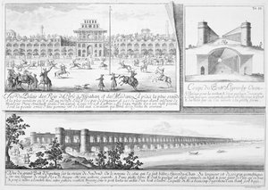 Le Palais Royal à Ispahan, une coupe transversale du pont Alyverdy-Chan Ispahan et une vue du pont Alyverdy-Chan Ispahan, de Entwurf einer historischen Architektur, gravé par Johann Adam De
