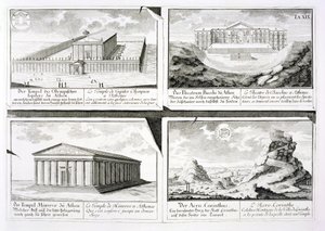 Vues de quatre bâtiments classiques : Le Temple de Zeus Olympien, le Théâtre de Dionysos à Athènes, le Temple d