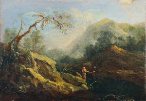 Paysage montagneux avec pêcheur - Johann Christian Brand