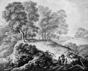 Paysage avec figures et chemin entre de grands arbres