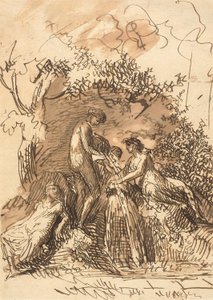 Jeunes filles à une fontaine (recto); Fragment de croquis de jambes (verso)