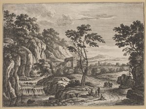 Paysage avec ruines et cascade