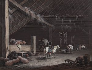 Le cheval blanc : intérieur de grange