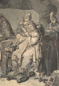 Une femme à sa toilette avec une servante, un garçon, un chien et un jeune soldat, verso : Un croquis, 1770