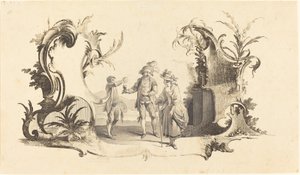 Cartouche moderne avec un jeune couple servi du vin - Johann Esaias Nilson