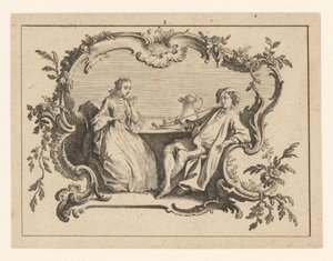 Femme et homme fumant la pipe à une table dans une cartouche