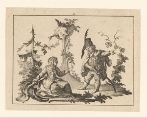 Femme assise avec un homme debout avec une pipe sur un ornement rococo