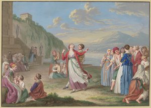 Des paysans italiens se divertissent au bord du lac avec des jeux et des danses, de hautes montagnes à l
