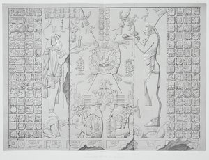 Relief représentant un prêtre avec des offrandes du sanctuaire du Temple du Soleil, Palenque, planches 29 et 30 de Monuments anciens du Mexique, gravé par Werner