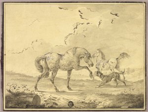 Deux chevaux se battant contre un chien - Johann Georg Pforr
