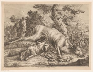 Chien de chasse et gibier avec cerf et oiseaux (série: Gibiers de chasse)