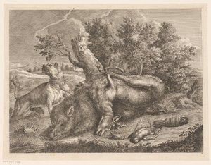 Chien de chasse et gibier avec sanglier, cerf et oiseaux