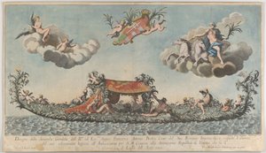 La deuxième gondole très ornée de Francesco Antonio Berka entrant à Venise, Dieux sur c..., 1700