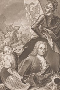 Portrait du peintre Georg Philipp Rugendas avec scène de bataille en arrière-plan - Johann Gottfried Haid