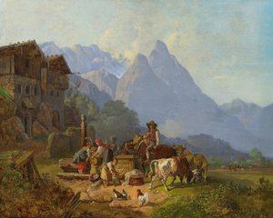 Heinrich Bürkel Village de montagne avec fontaine c1845