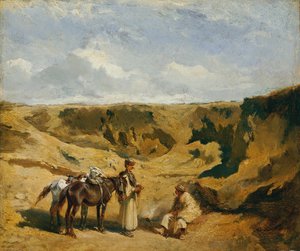Deux Hongrois avec deux chevaux dans la puszta