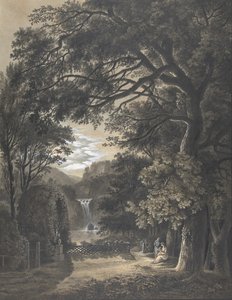 Famille rassemblée devant un monument dans un paysage avec une cascade, 1805