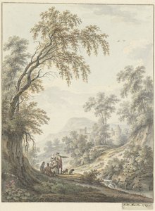 Paysage avec petite cascade et château au loin