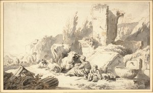 Un conducteur avec sa famille et son bétail près de ruines classiques