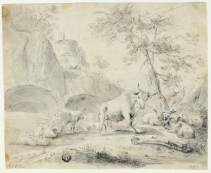 Paysage avec berger et moutons, chèvre, bétail - Johann Heinrich Roos