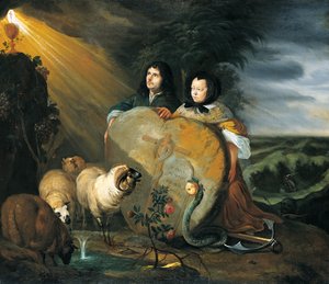 Autoportrait (?) avec son épouse et des symboles de la foi chrétienne - Johann Heinrich Roos