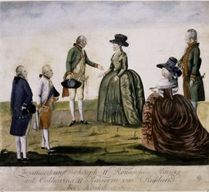 Rencontre de Catherine II et Joseph II sur le Dniepr (gravure en couleur) - Johann Hieronymus Loeschenkohl