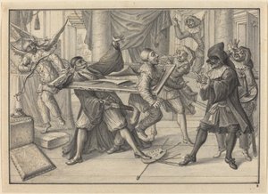 Mezzetin et Arlequin utilisent le cadre pour attraper Pantalon et Pierrot - Johann Jacob Schubler
