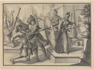 Pantalon et le Docteur se battant avec Colombine et Brigatella dans le jardin - Johann Jacob Schubler