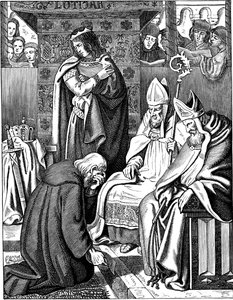 Louis le Pieux faisant pénitence à Attigny en 822, illustration de la Geschichte des deutschen Volkes par E. Duller, 1840