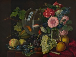Nature morte avec bocal à poissons rouges (huile sur bois) - Johann Knapp