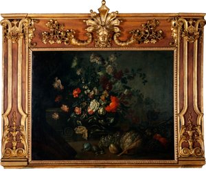 Nature morte de fleurs avec raisins, courge et grenades