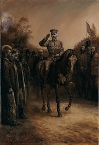 Le général Lord Kitchener saluant en passant devant les chefs boers qui se tiennent, chapeaux à la main, 1902 - Johann Nepomuk Schonberg