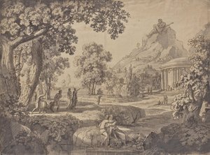 Paysage classique avec un temple, sur une montagne un géant