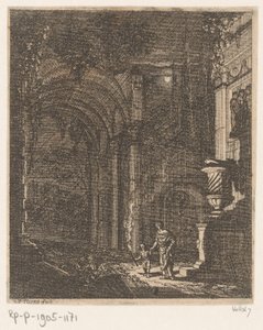 Deux figures éclairant des ruines antiques avec une torche (série: Ruines et bâtiments antiques) - Johann Oswald Harms