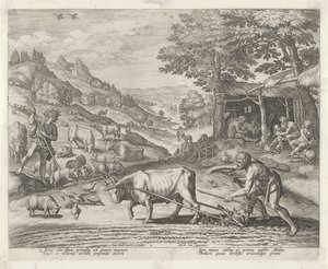 Caïn et Abel comme agriculteur et berger (Geschiedenis van de familie van Kaïn / Over goede en slechte werkzaamheden, Boni et mali scientia) - Johann Sadeler (I)
