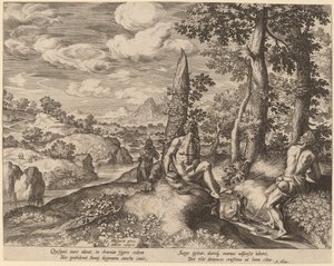 Paysage avec trois hommes nus et un chien