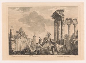 Cinq hommes discutant près de ruines antiques