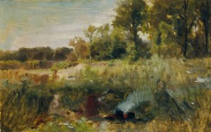 Paysage fluvial avec enfants près du feu