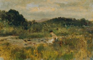 Paysage de ruisseau avec fille assise